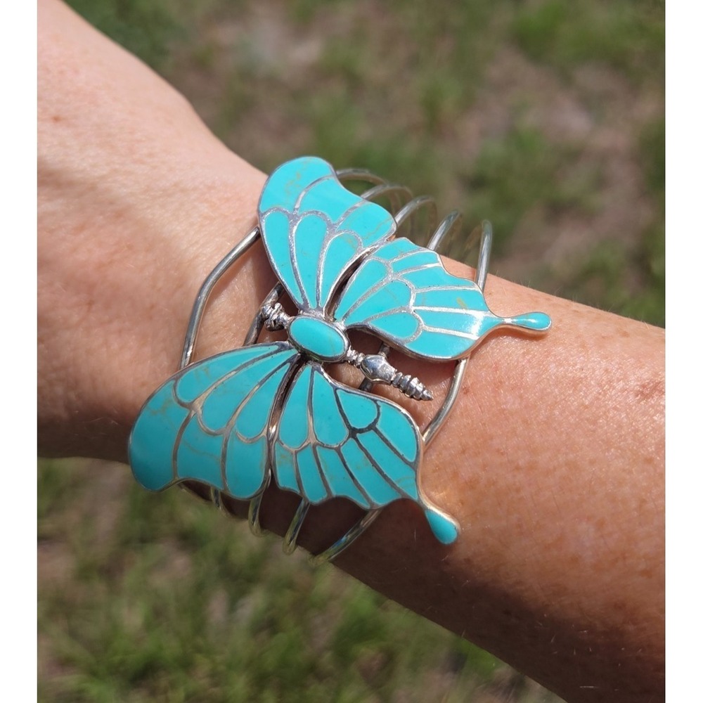 Women Butterfly Cuff Bracelet Turquoise Enamel? Jewelry Sterling Silver .925 70s